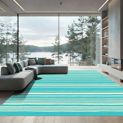 Aqua Cream Hand Drawn Stripe Rug