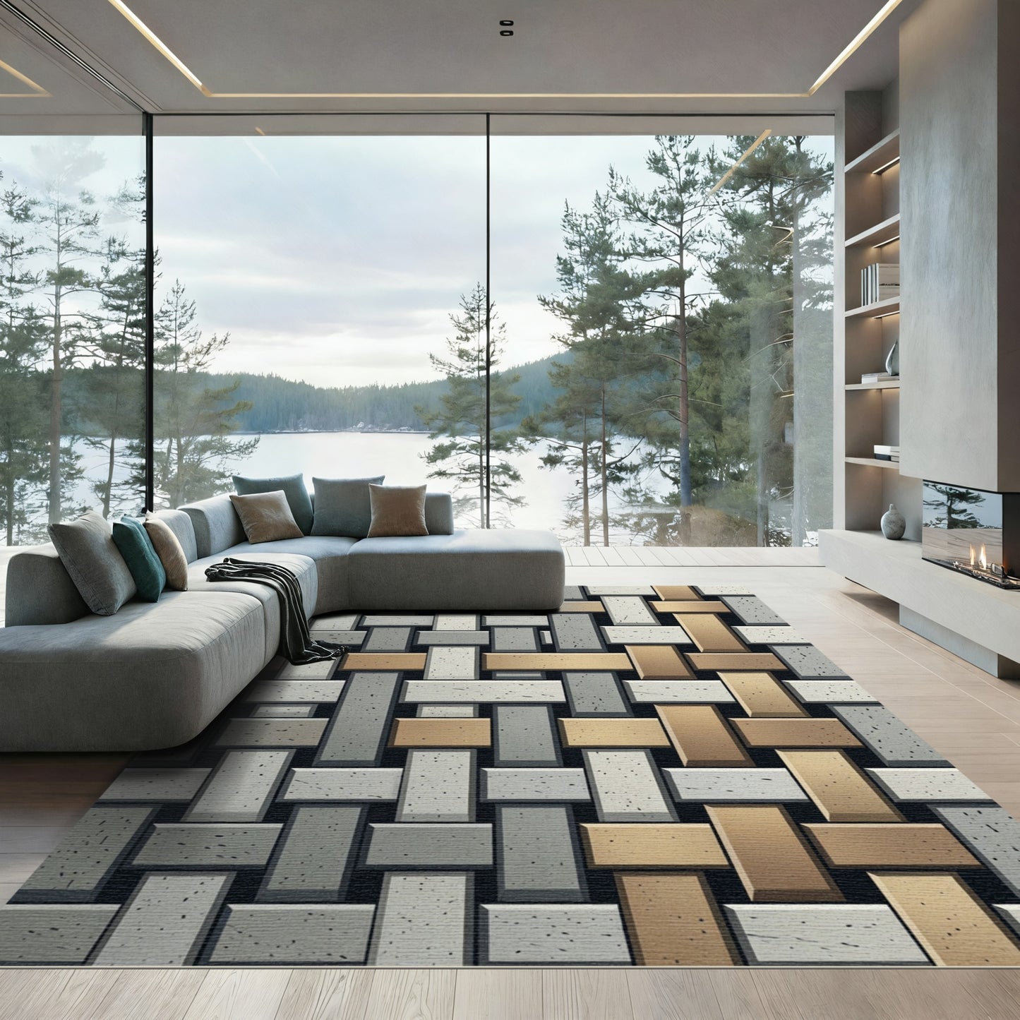 Geometric Woven Gray and Bronze Grid Rug