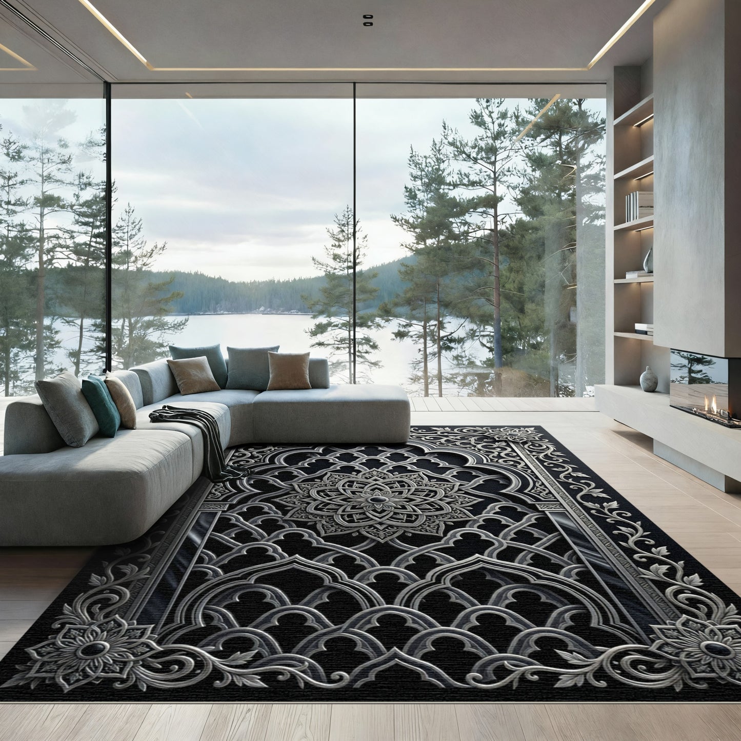 Ornate Silver Medallion Archway Rug