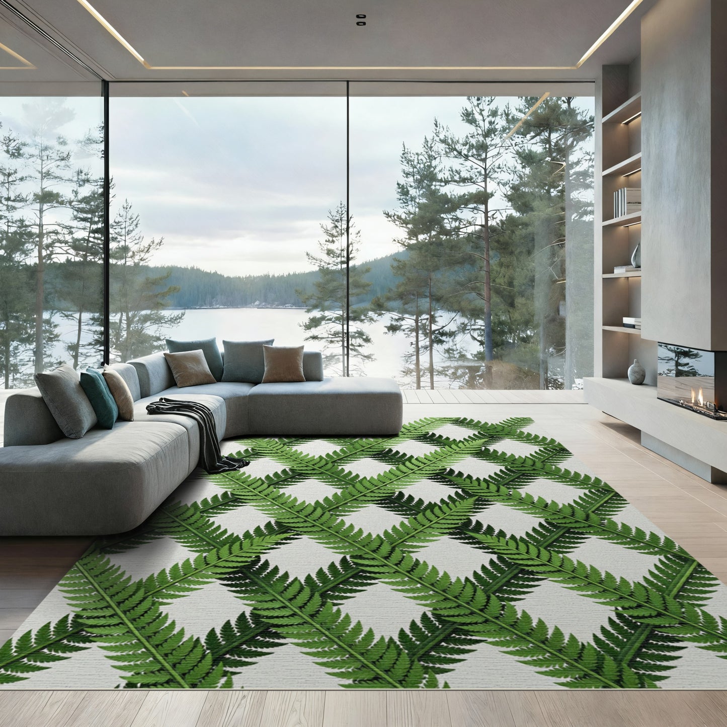 Lush Emerald Fern Leaf Lattice Rug
