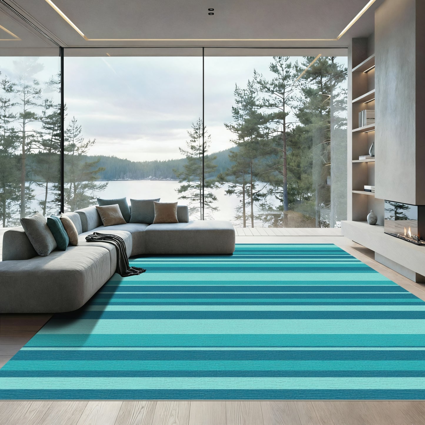 Ocean Blue Aqua Striped Rug