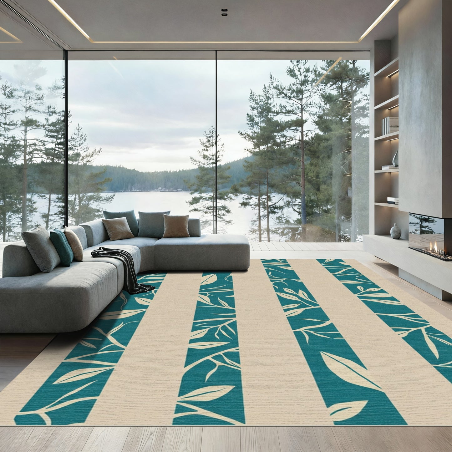 Teal Beige Leaf Branch Stripe Rug