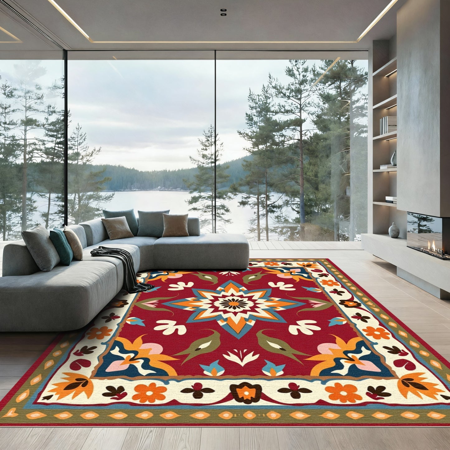 Vibrant Crimson Floral Medallion Folk Rug