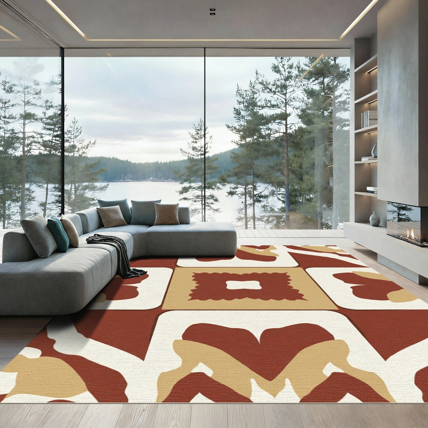 Terracotta Cream Geometric Floral Inlay Rug