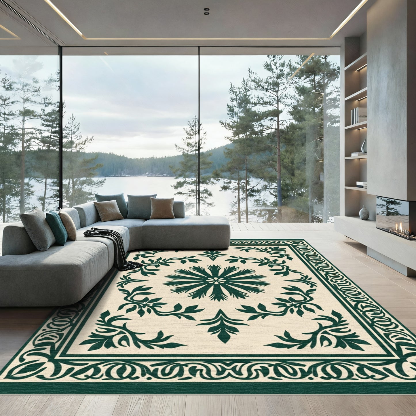 Dark Green Floral Medallion Border Rug
