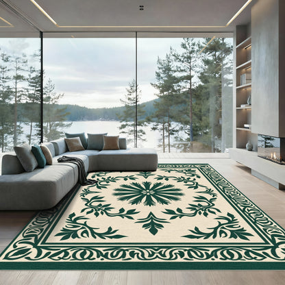 Dark Green Floral Medallion Border Rug