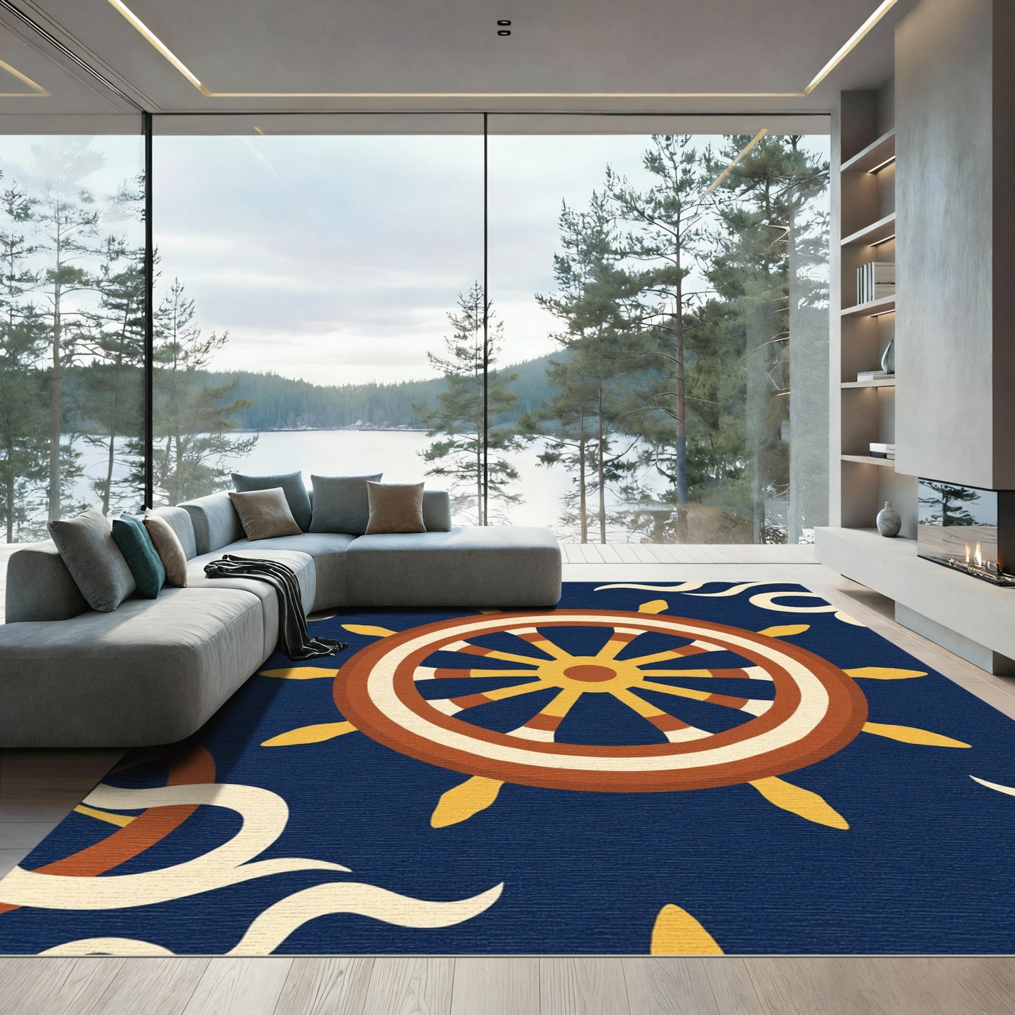 Nautical Ship Wheel Navy Waves Rug