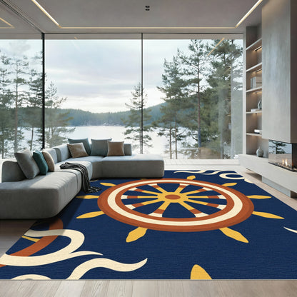Nautical Ship Wheel Navy Waves Rug
