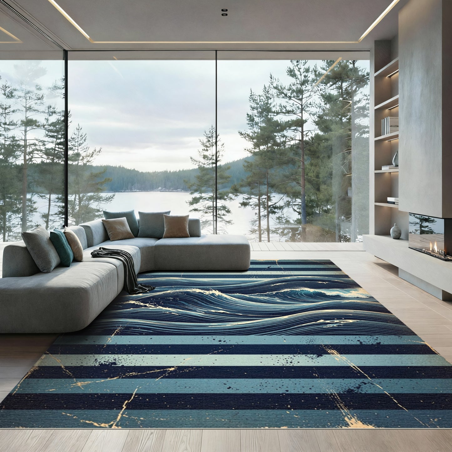 Vintage Blue Striped Nautical Ocean Wave Rug