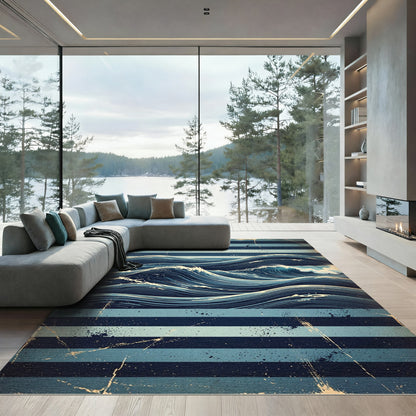 Vintage Blue Striped Nautical Ocean Wave Rug