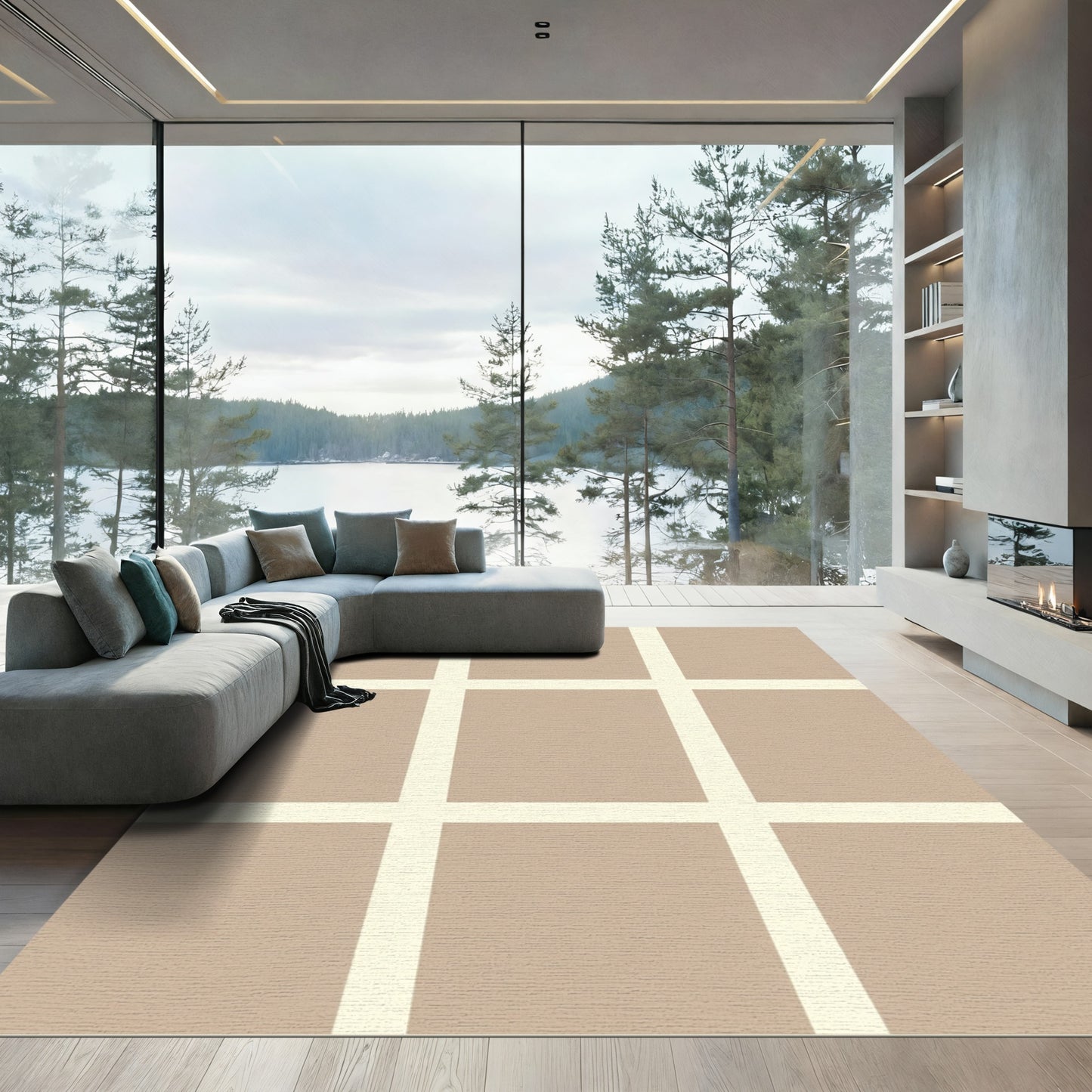 Neutral Tan Grid Squares Rug