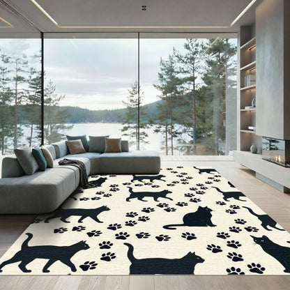 Minimalist Black Cat and Paw Silhouette Rug