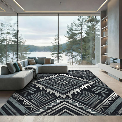 Black Silver Geometric Tribal Diamond Rug