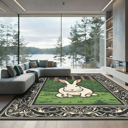 Whimsical White Rabbit Forest Frame Rug