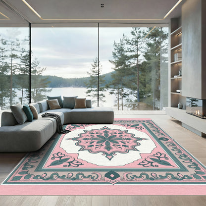 Pink Teal Floral Medallion Square Rug