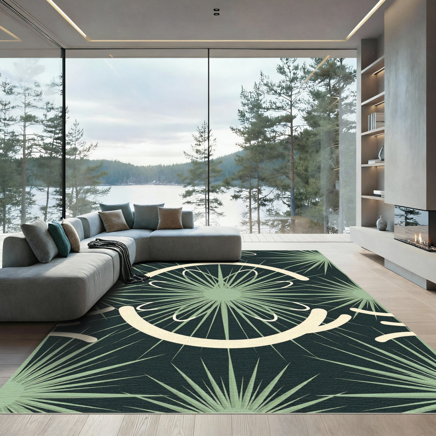 Sage Green Sunburst Geometric Medallion Rug