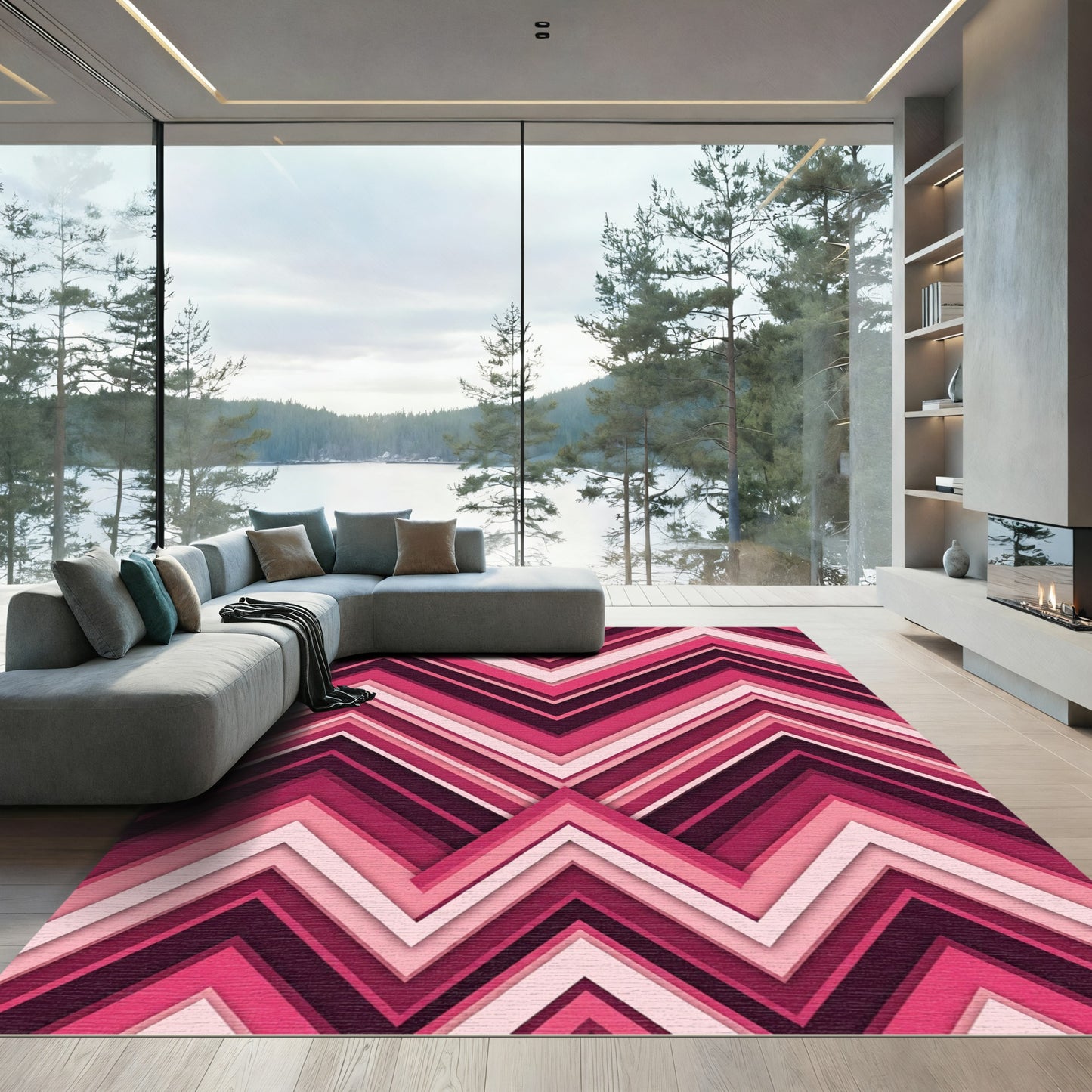 Vibrant Magenta Chevron Layered Zigzag Rug