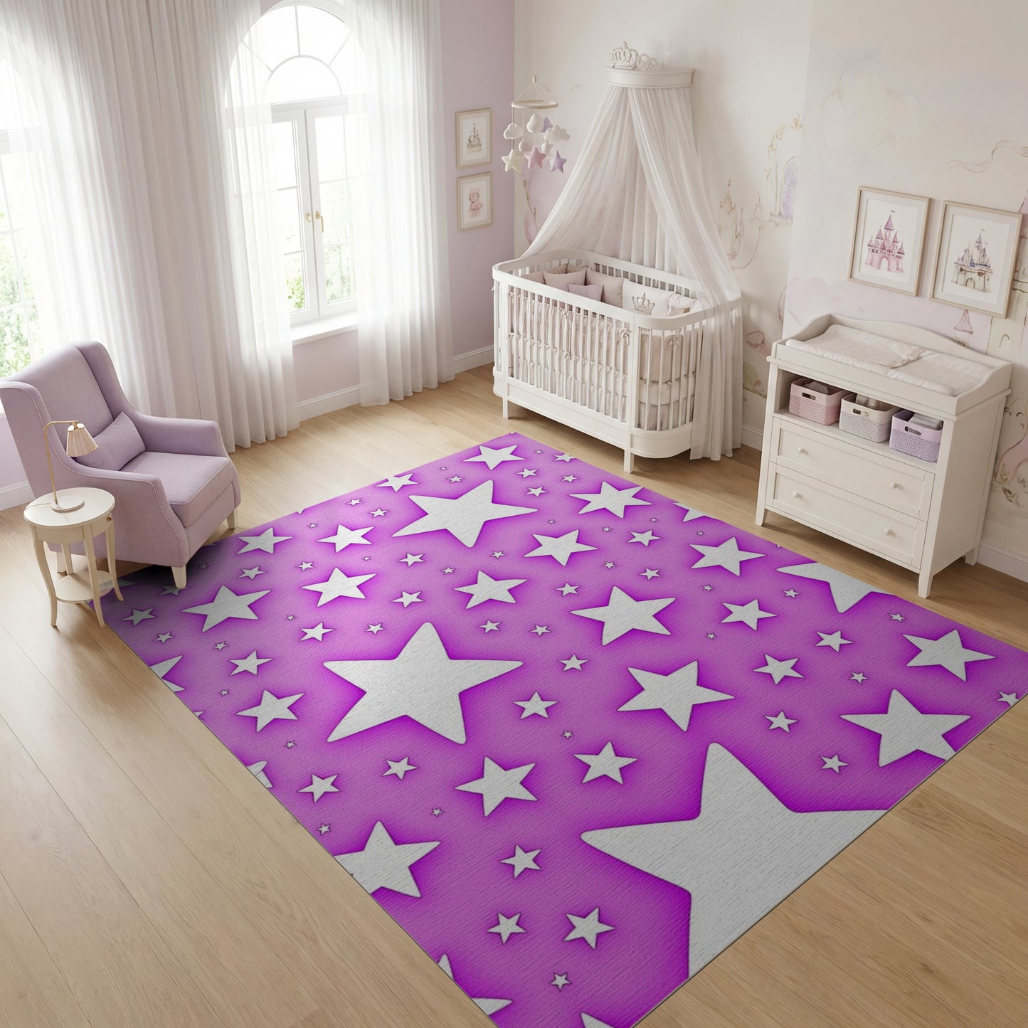 Whimsical White Stars Purple Rug