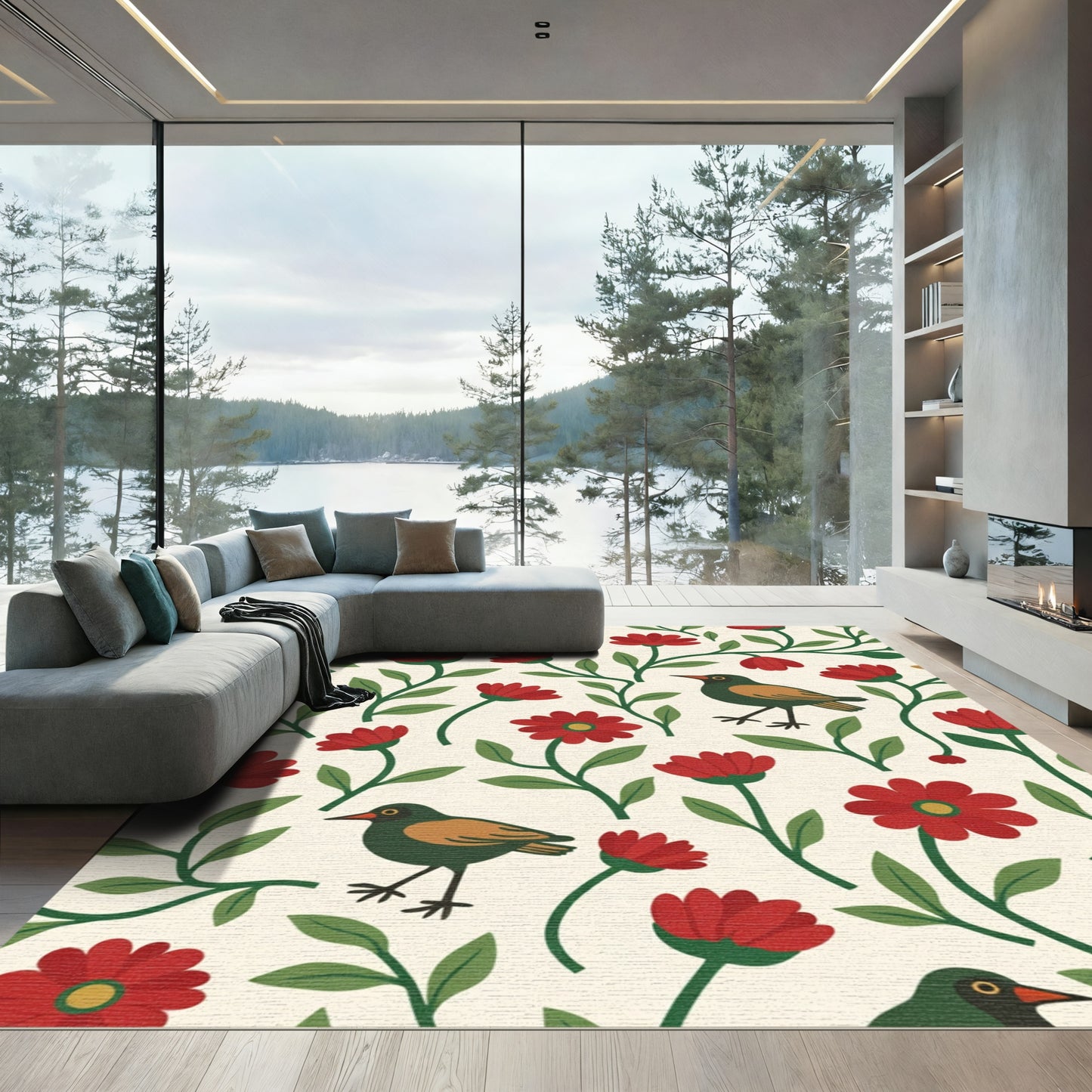 Red Floral Birds on Cream Rug