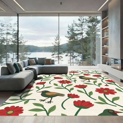 Red Floral Birds on Cream Rug
