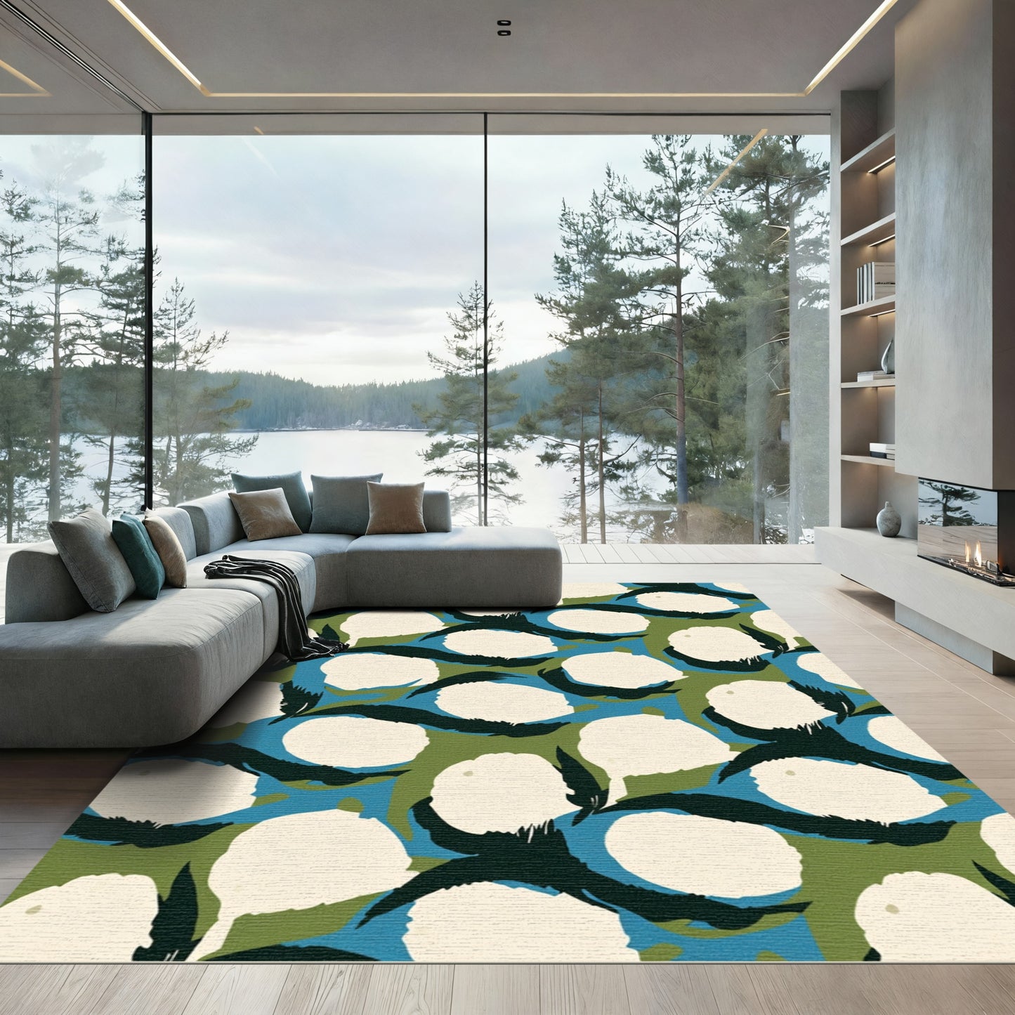 Cream White Abstract Botanical Composition Rug