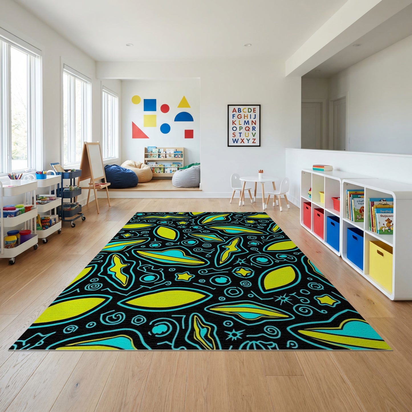 Black Yellow Teal UFO Stars Whimsical Rug