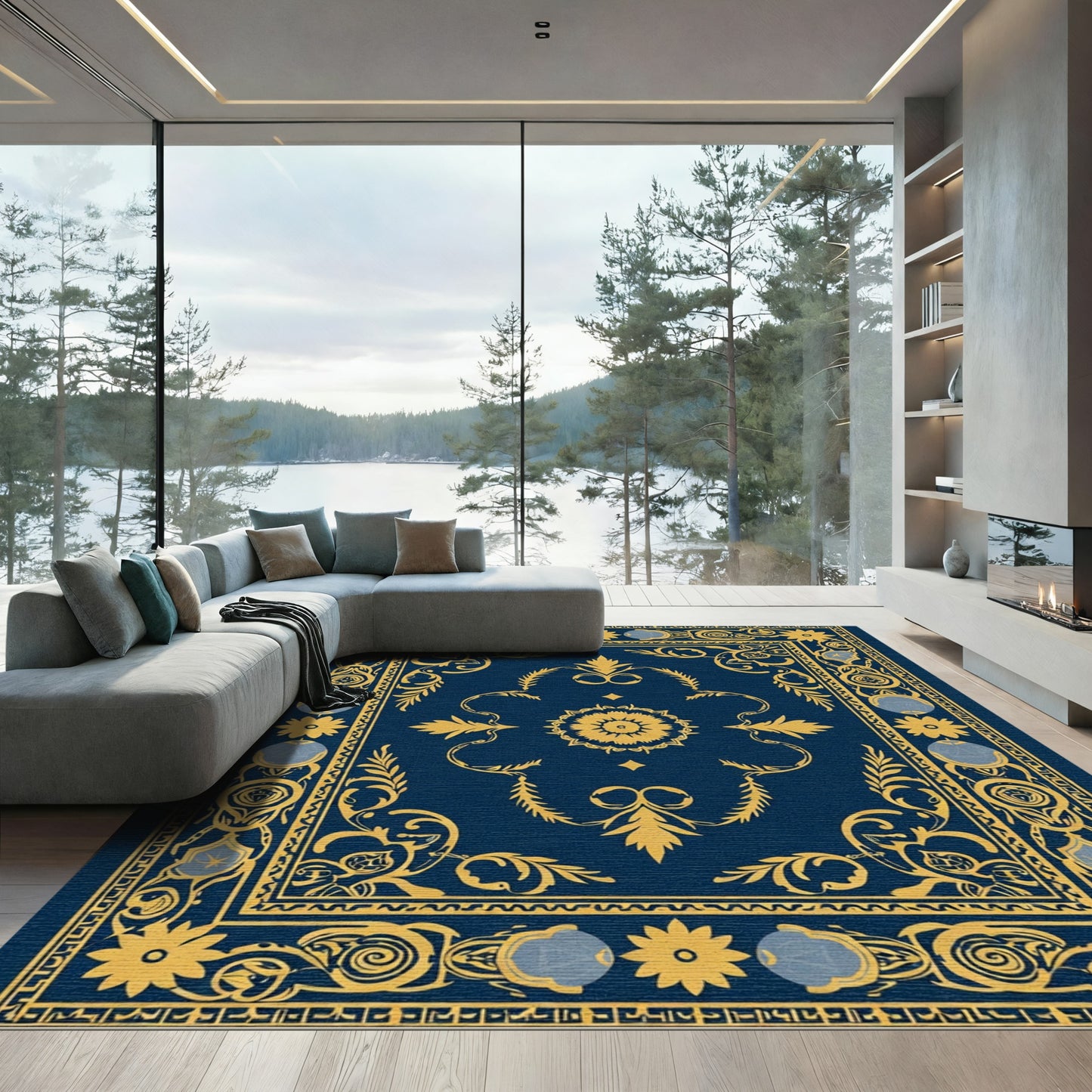 Deep Blue Golden Medallion Floral Rug