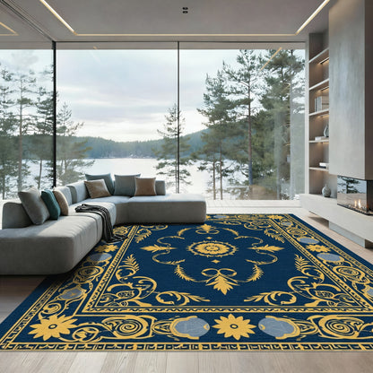 Deep Blue Golden Medallion Floral Rug