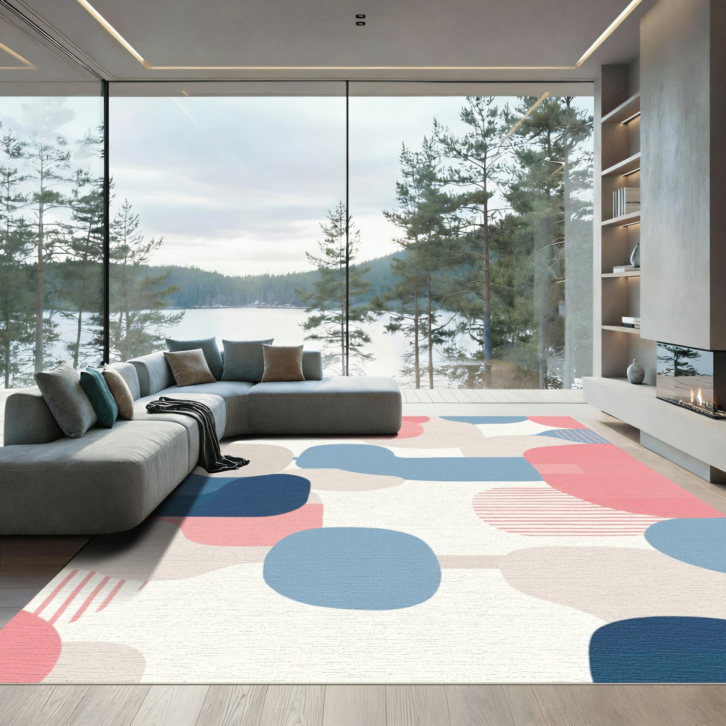 Abstract Rounded Shapes Blues Pinks Rug