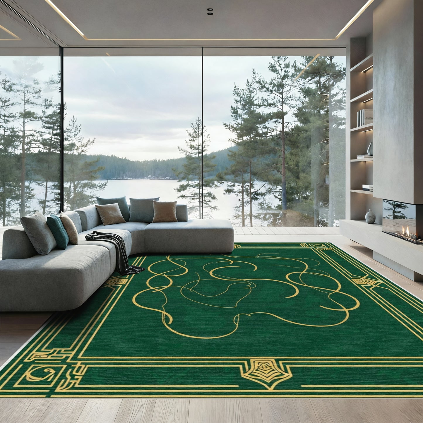 Emerald Gold Curled Vine Frame Rug