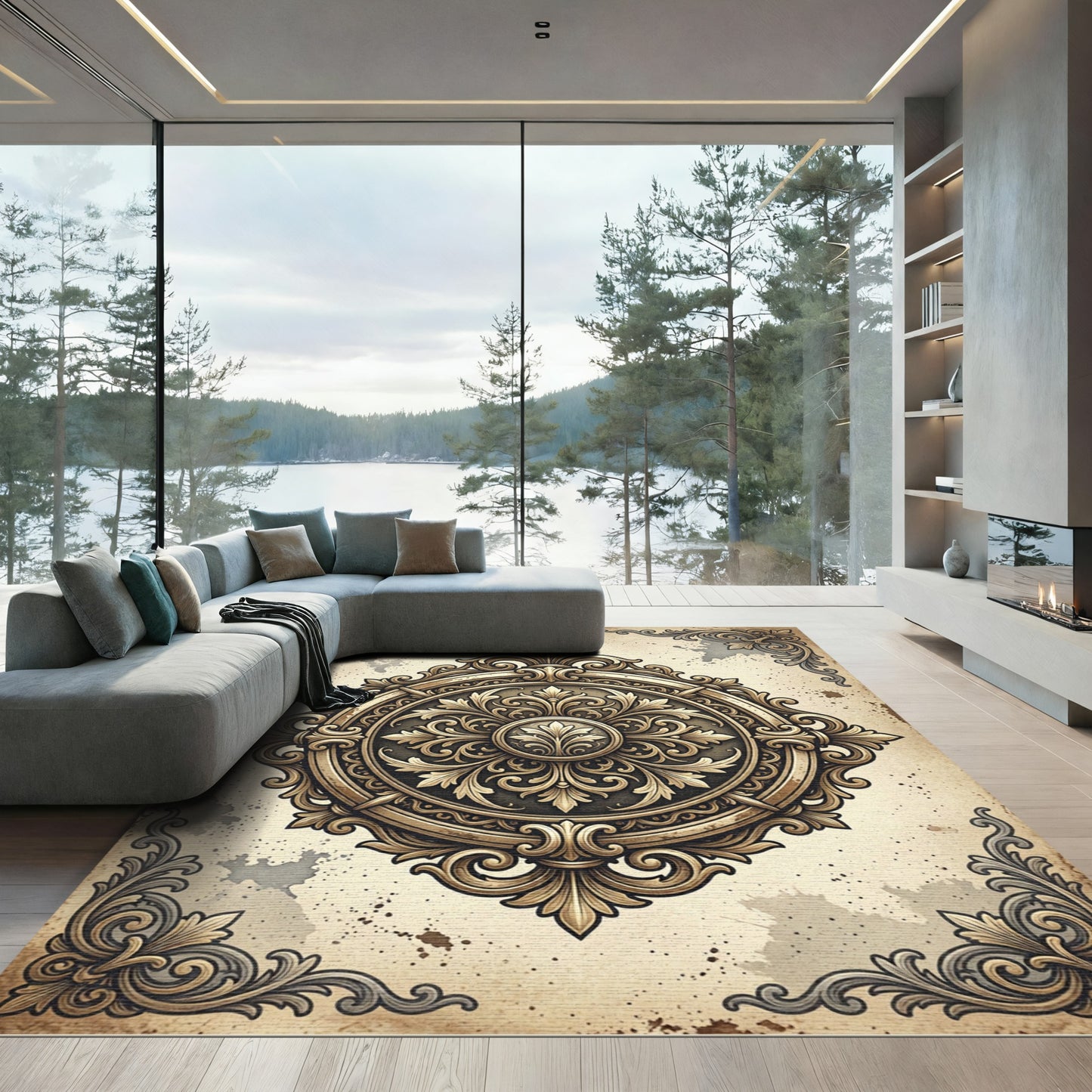 Ornate Bronze Baroque Filigree Medallion Rug