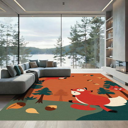 Whimsical Red Foxes Forest Falling Leaves Rug