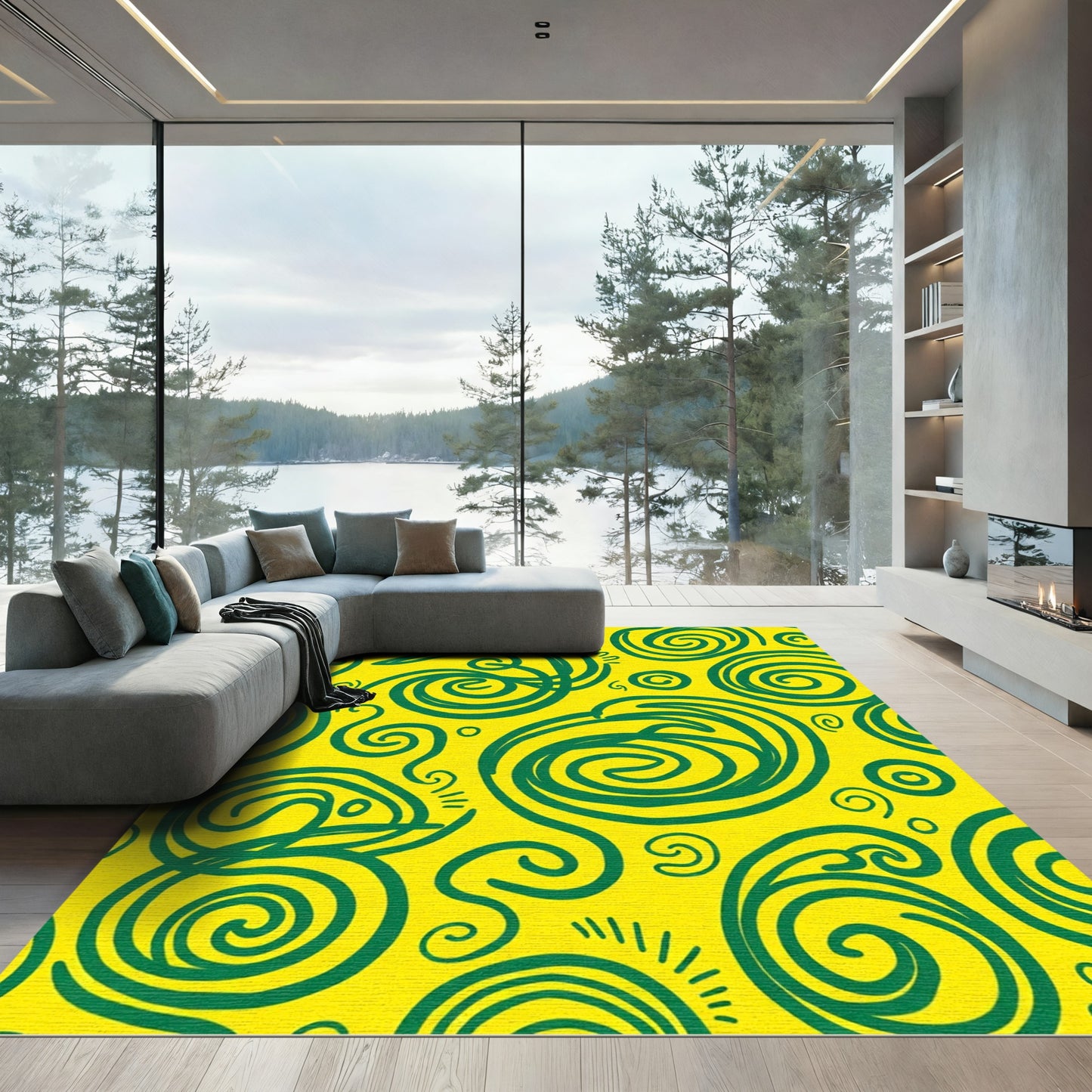 Bold Teal Swirl on Bright Yellow Rug