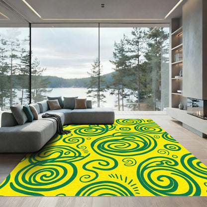 Bold Teal Swirl on Bright Yellow Rug