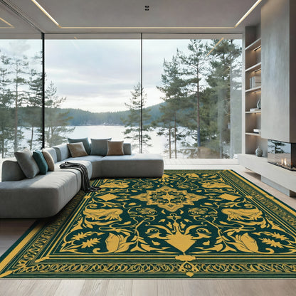 Regal Teal Golden Floral Medallion Rug