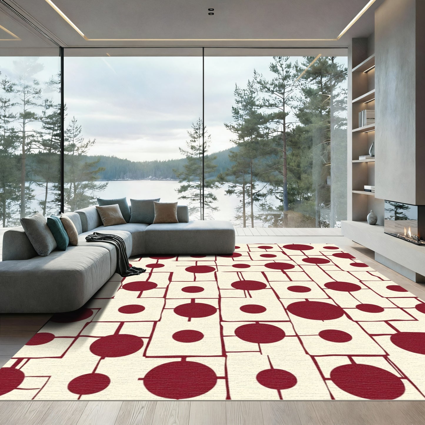 Crimson Dot Grid Abstract Rug