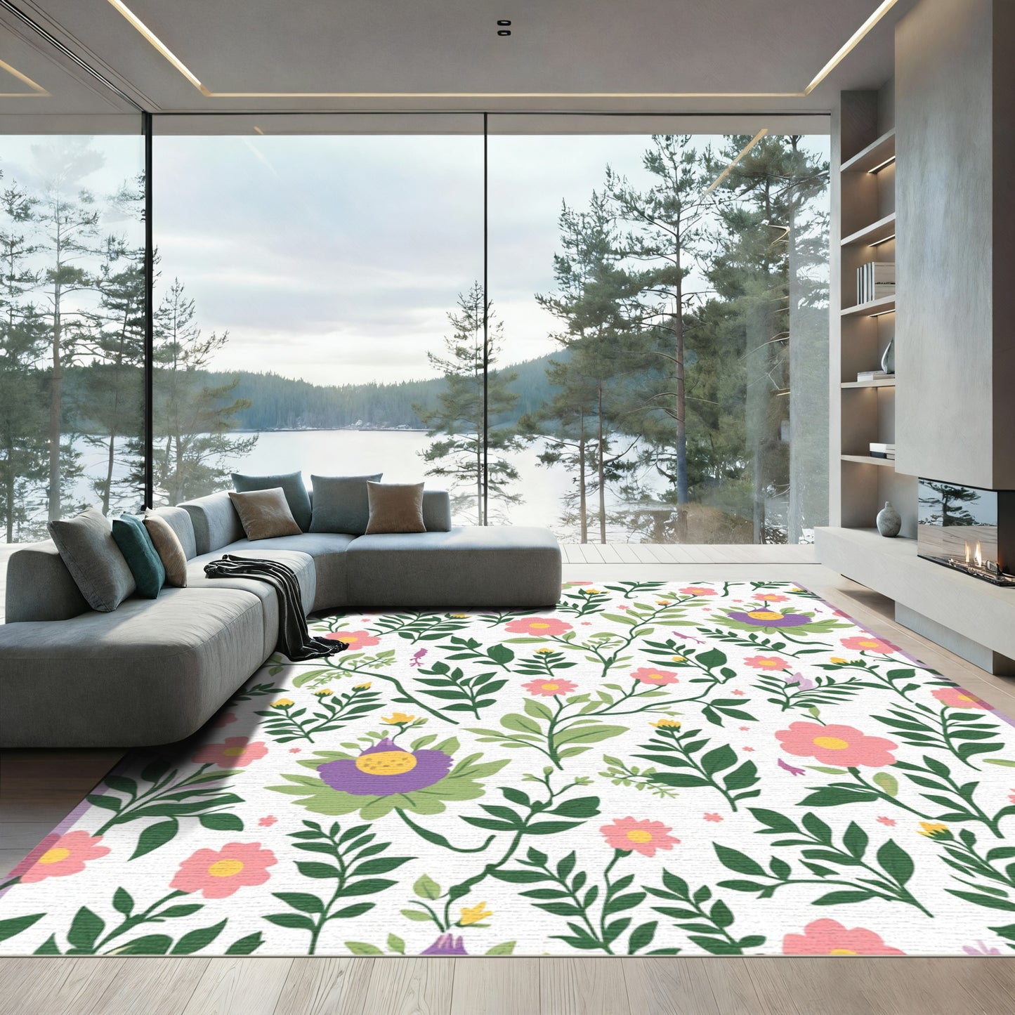 Whimsical Pink Floral Green Leaf Garden Rug