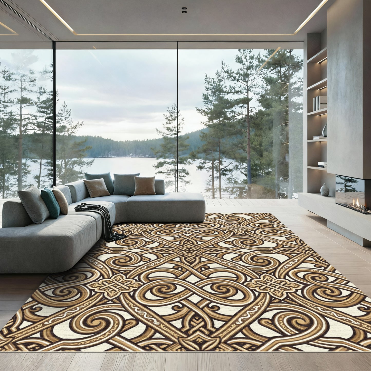 Ornate Brown Medieval Scroll Rug