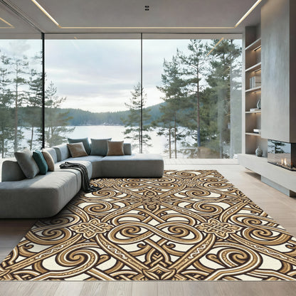 Ornate Brown Medieval Scroll Rug
