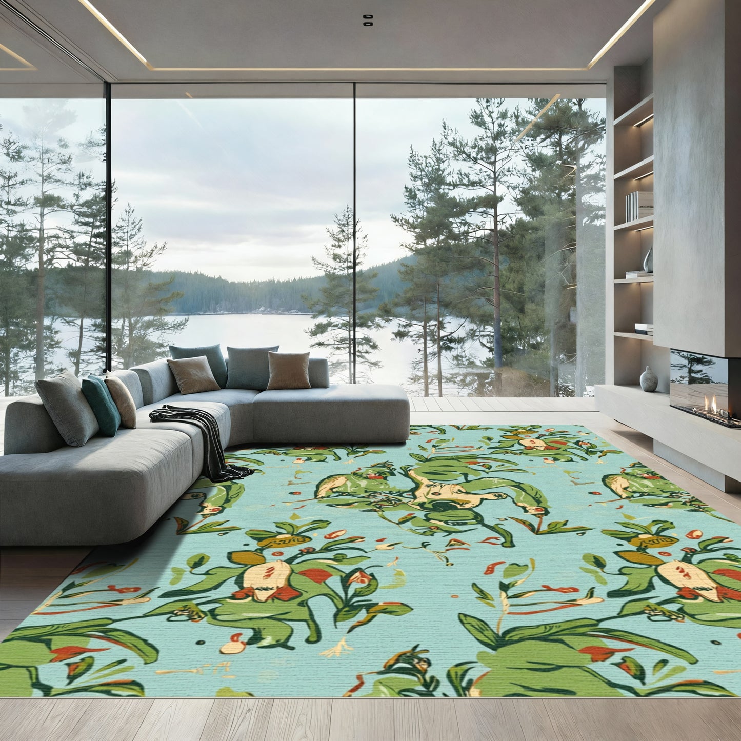 Green Leafy Branches With Figures Rug