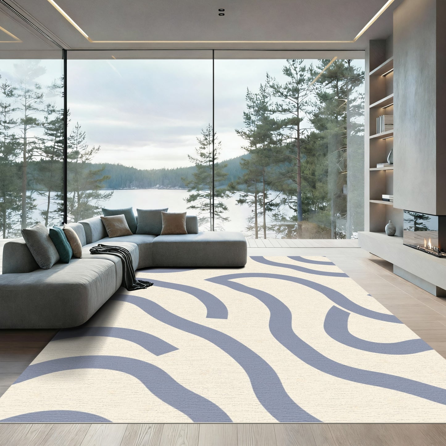 Soft Blue Wavy Organic Abstract Rug