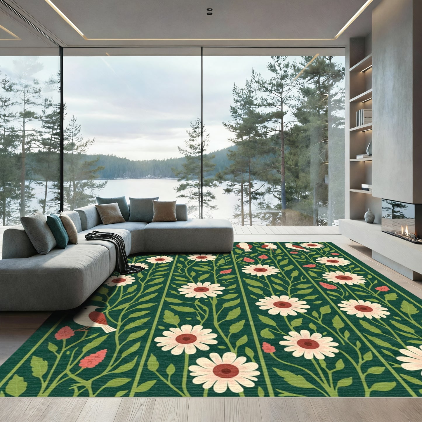 Deep Green Floral Bird Stripe Rug