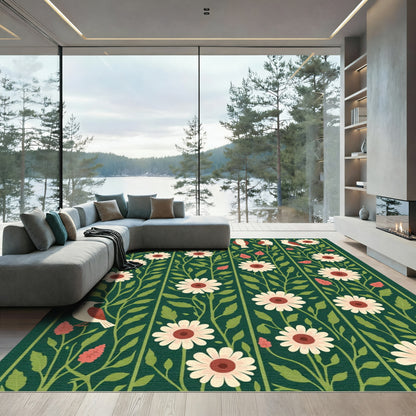 Deep Green Floral Bird Stripe Rug