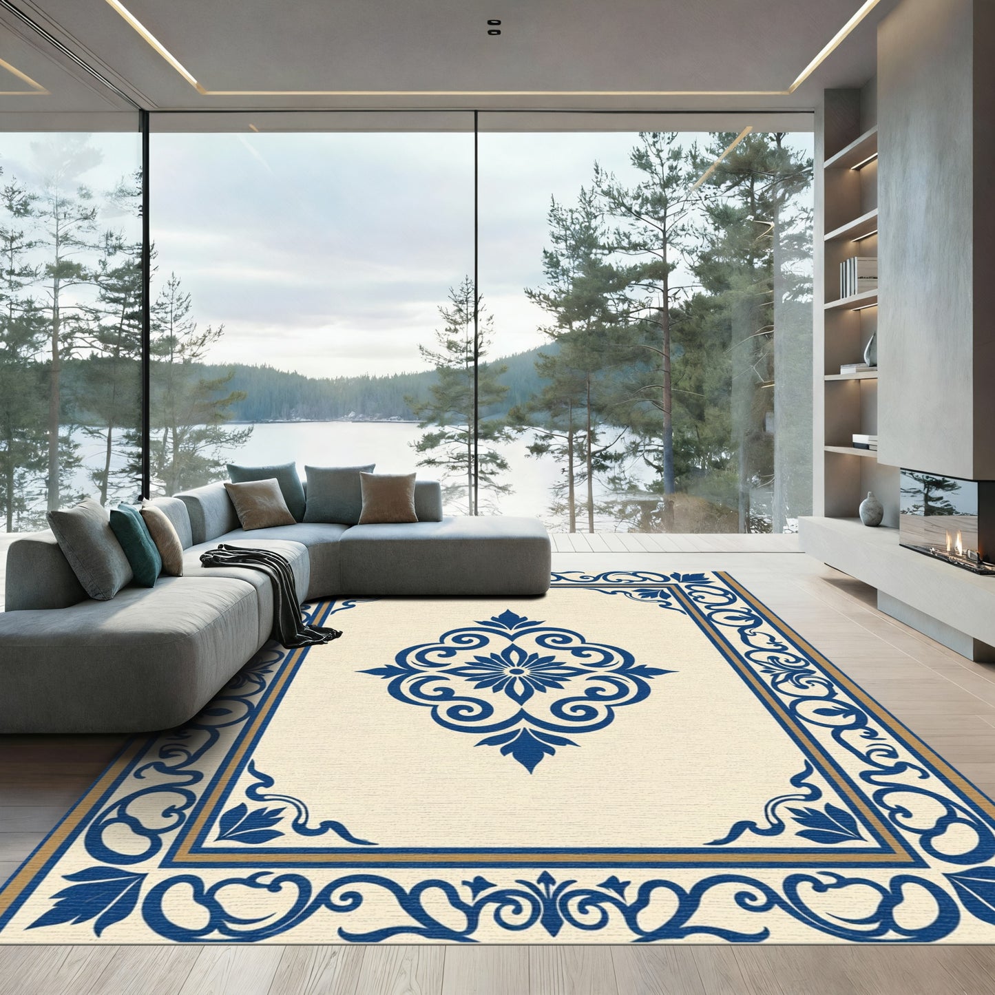 Navy Blue Cream Scrolling Floral Frame Rug