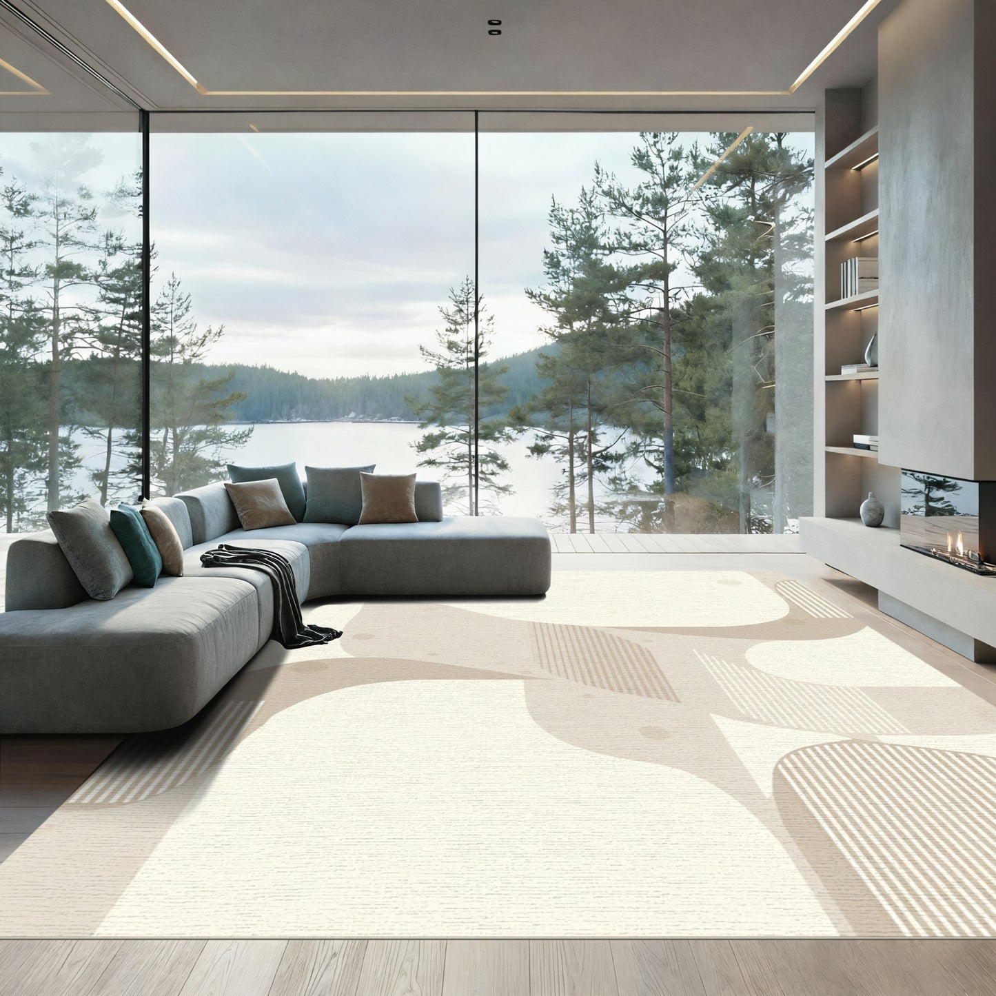 Neutral Cream Abstract Wavy Geometric Rug