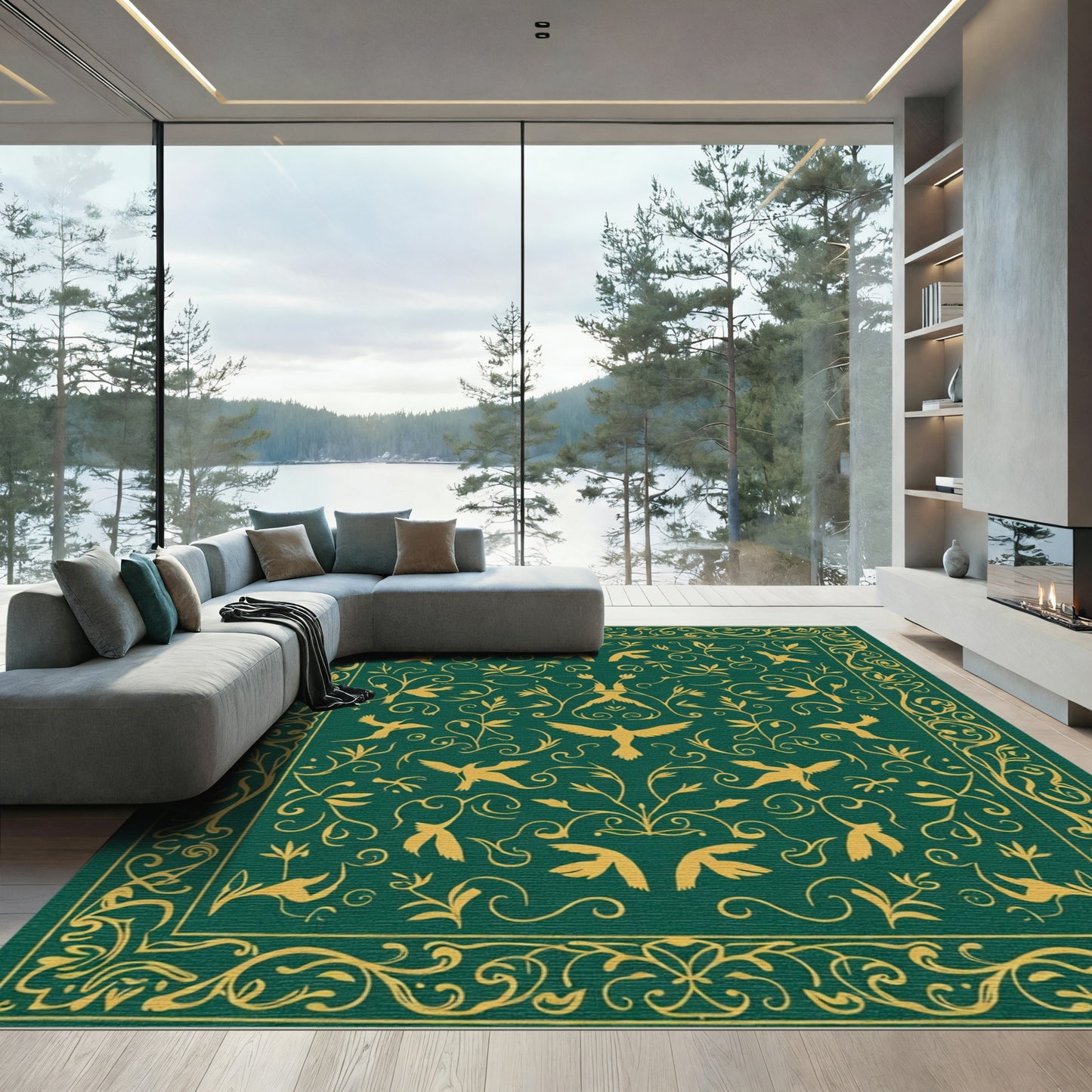Golden Birds And Vines Classic Art Rug