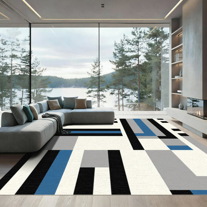 Modern Geometric Black Blue Gray Blocks Rug