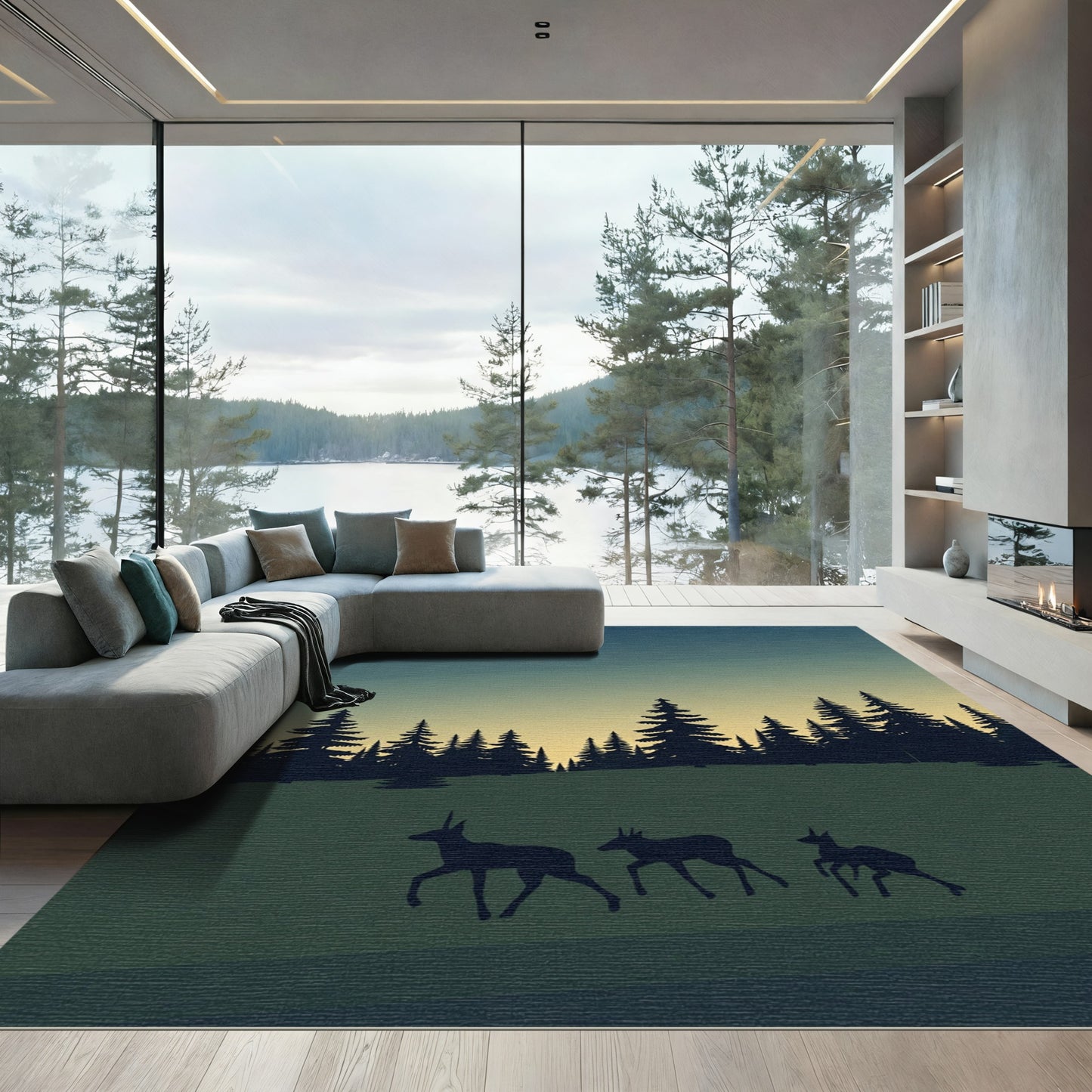 Deep Forest Silhouettes Running Deer Rug