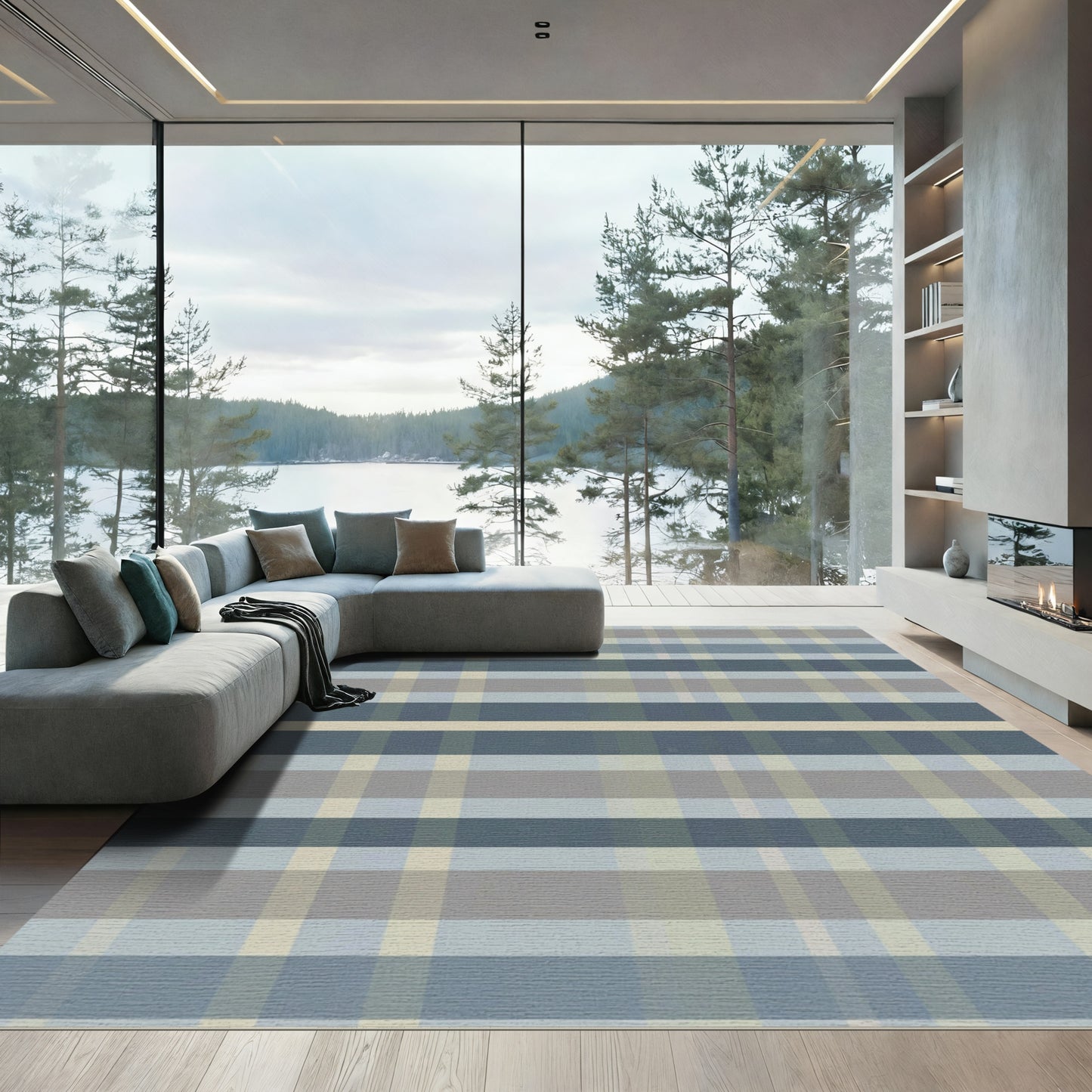 Soft Blue Tan Plaid Stripes Rug