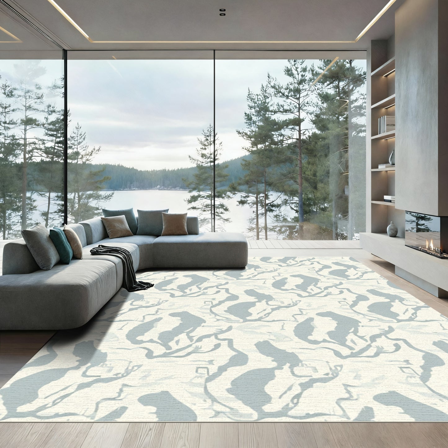Cream Blue Abstract Organic Branch Rug